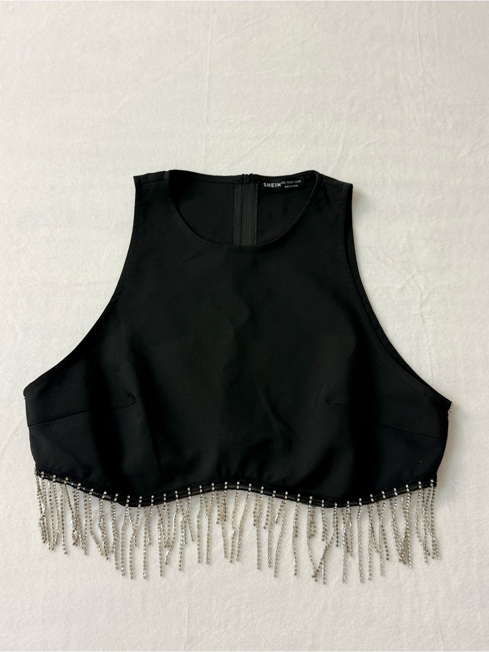 SHEIN Black Beaded Fringe Crop Top Rhinestone Cowgirl Nashville Party Top
